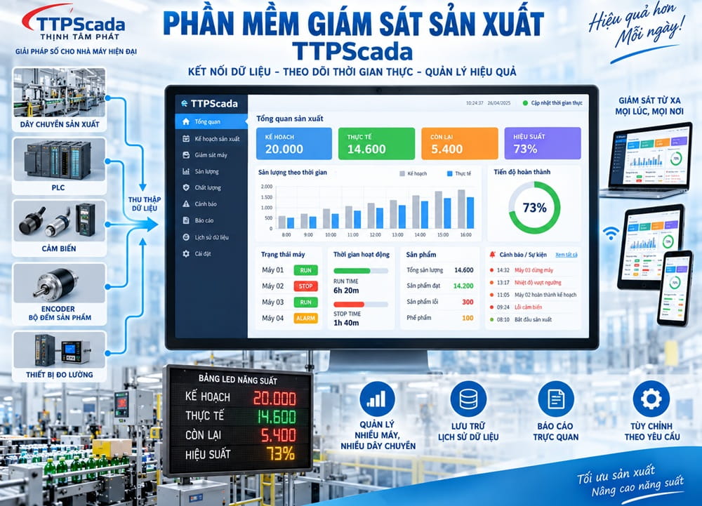 Sơ đồ minh họa thu thập dữ liệu từ d&acirc;y chuyền, PLC, cảm biến đến phần mềm v&agrave; thiết bị theo d&otilde;i từ xa
