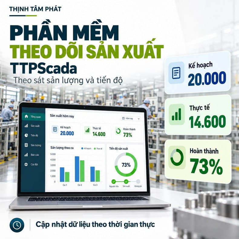 Minh họa m&agrave;n h&igrave;nh TTPScada hiển thị sản lượng theo ca v&agrave; tỷ lệ ho&agrave;n th&agrave;nh