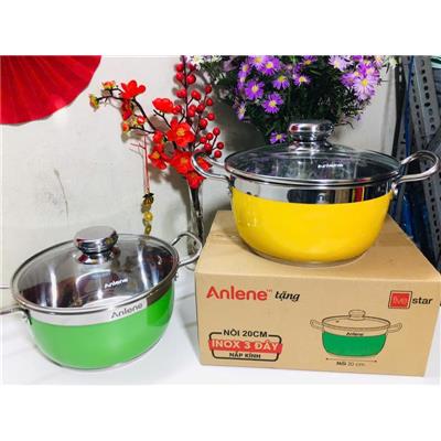 Nồi Inox FIVESTAR 3 Đáy SẮC MÀU 20cm Nắp Kính MÀU VÀNG
