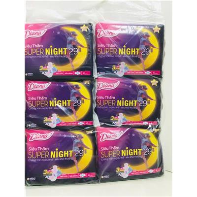 COMBO 6 GÓI Băng Vệ Sinh Diana Super Night 29cm Cánh Ban Đêm 4 Miếng (4Miếngx6Gói)