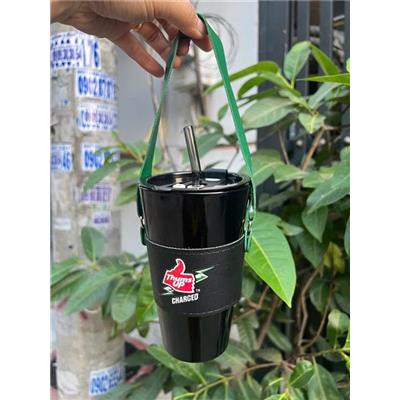 Ly Thuỷ Tinh Có Nắp Kèm Quai Xách, Ống Hút (Thum Up)