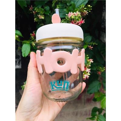 Ly Thuỷ Tinh HOHO 350ml Có Nắp, Ống Hút (KUN)