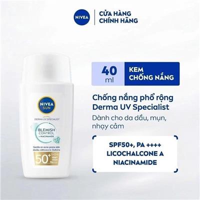 TRẮNG: Sữa Chống Nắng NIVEA SUN Derma Blemish Control Kiềm Dầu Ngừa Mụn SPF50+ 40ml