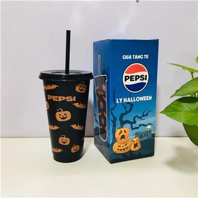 ĐEN: Ly Nhựa HALLOWEEN PEPSI 710ML Có Nắp Đậy Kèm Ống Hút