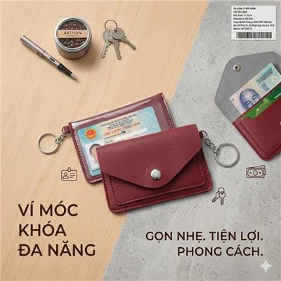Ví Gắn Móc Khoá Mini 3 Ngăn Đựng Thẻ, Tiền Mỏng Nhẹ Cầm Tay MÀU ĐỎ