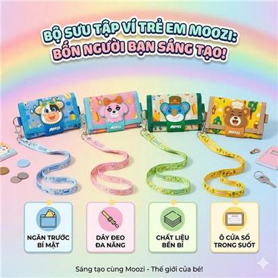 4 MÀU: Ví Trẻ Em Nhiều Ngăn Kiểu Dáng Hoạt Hình Đáng Yêu Moozi - Tặng Kèm Dây Đeo