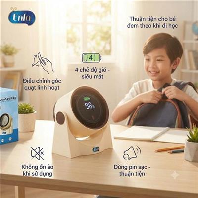 Quạt Sạc Tích Điện Mini ENFA Treo Tường Hoặc Để Bàn Siêu Tiện Lợi + Tặng Kèm 1 Móc Đinh Dán Tường